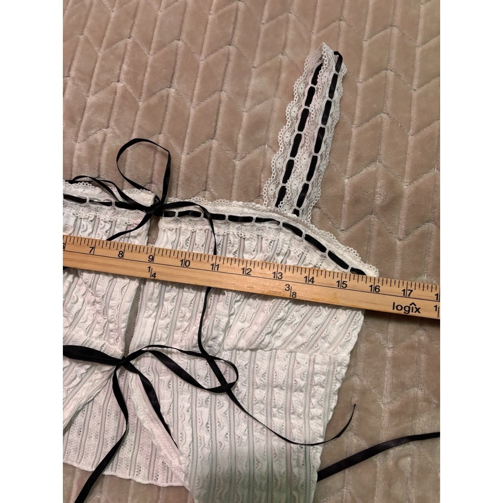 Y2K White Pointelle Ruffle Coquette Top Sz M Satin Bow Lace Trim Cami Fairy - Picture 9 of 9